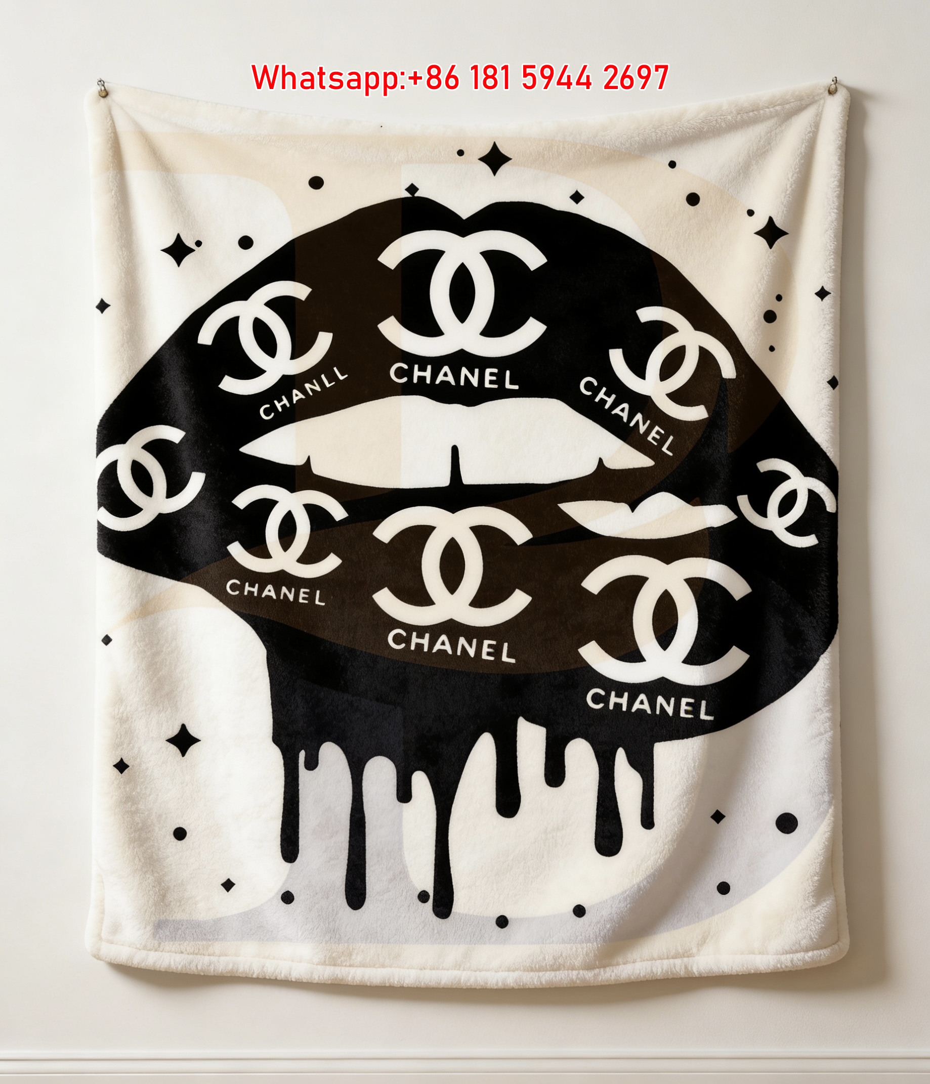 Chanel Dripping Lips CC Logo Flannel Sofa Throw Blanket IMG_7257